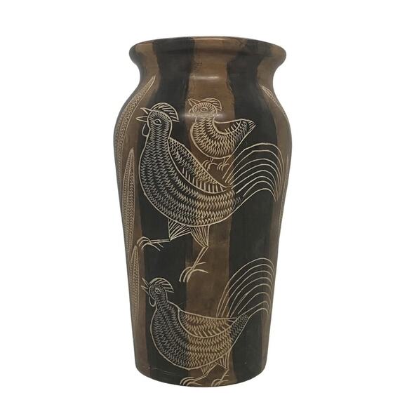 Mid 20th Century Asian Style Hand Carved Soapstone Vase Roosters Fish Plants - Picture 4 of 12